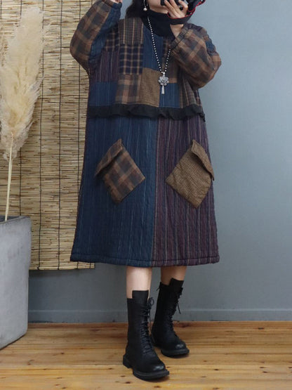 Women Thick Plaid Large Pocket Round Neck Padded Dress