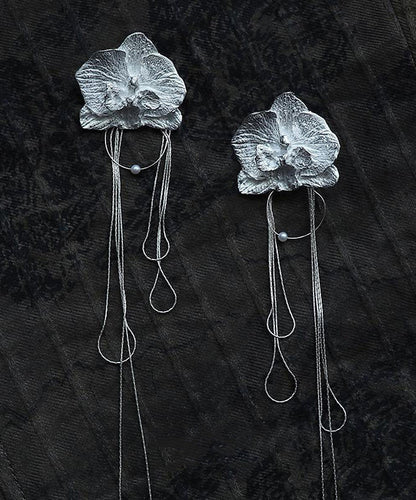 Vintage Silk Alloy Moth Orchid Tassel Drop Earrings