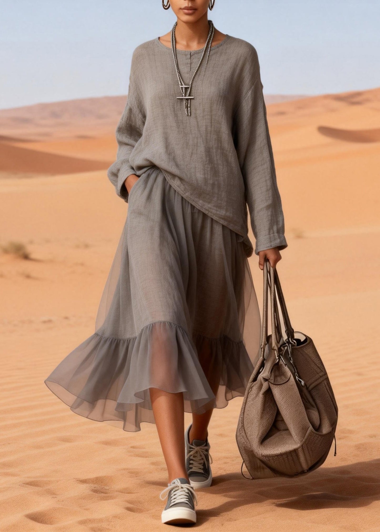 Loose Charcoal Grey Pockets Tops And Skirts Tulle Patchwork Two Pieces Set Spring