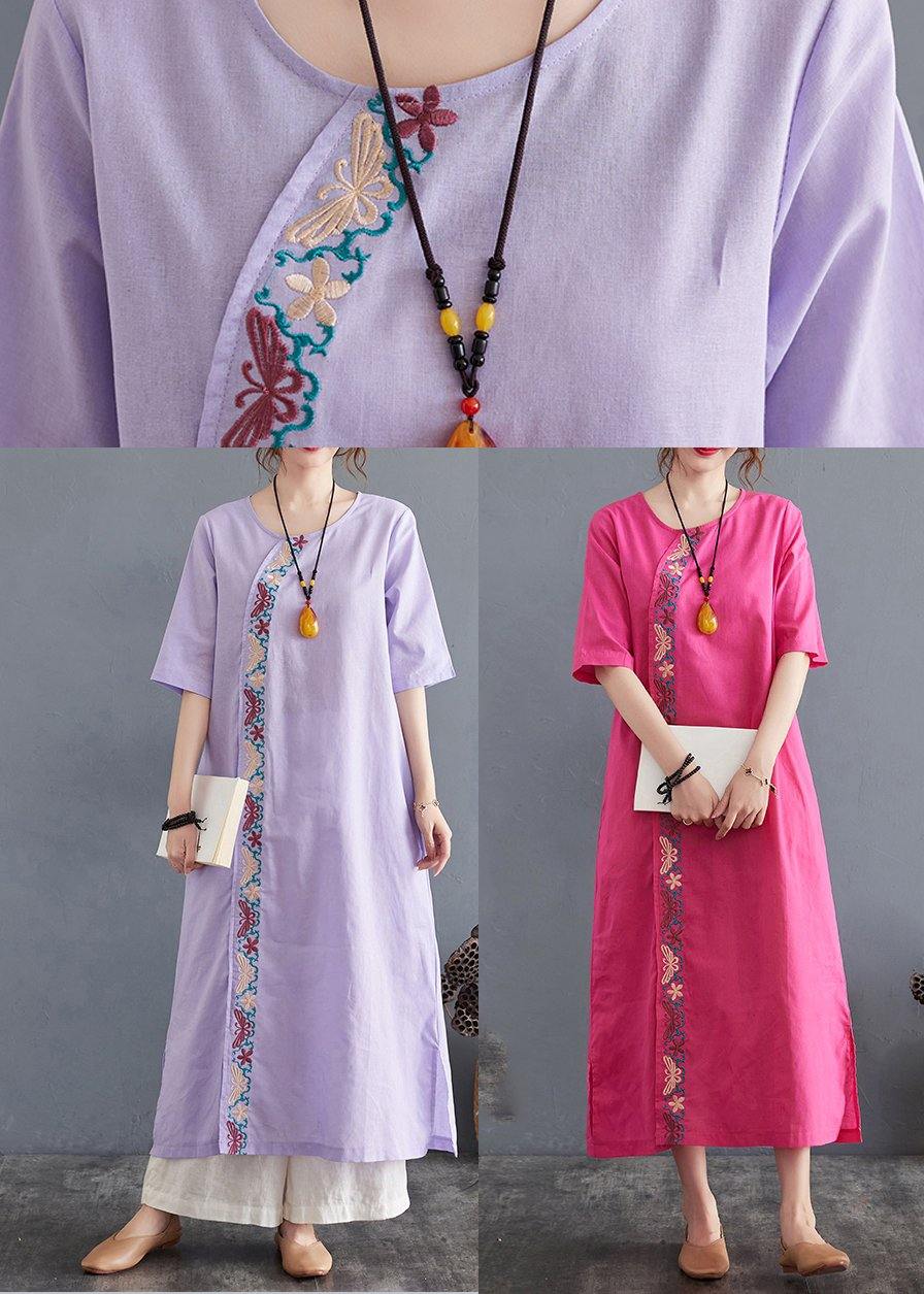 Comfy Comfy Light Purple Embroidery Cotton Linen Maxi Summer Dress