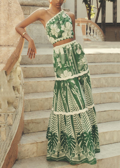 Bohemian Vacation Style One Shoulder Short Top And High Waisted Skirt Set