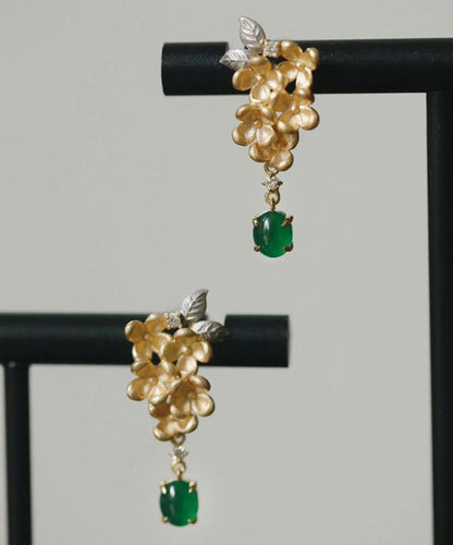 Vintage Green StCopper Zircon Jade Floral Tasselud Earrings