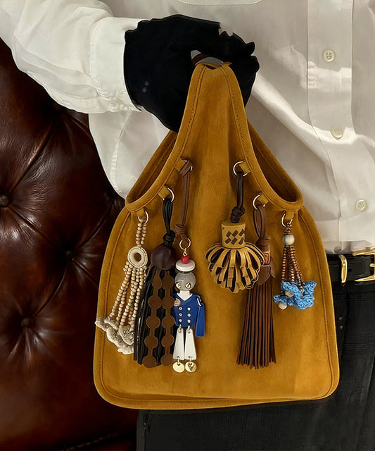 National Style Khaki Tasseled Fine Suede Tote Handbag