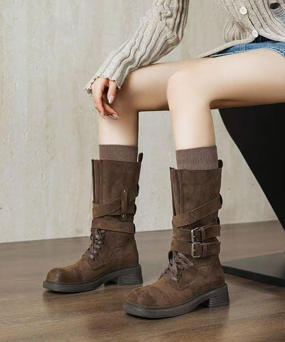 Boho Coffee Suede Lace Up Splicing Chunky Boots