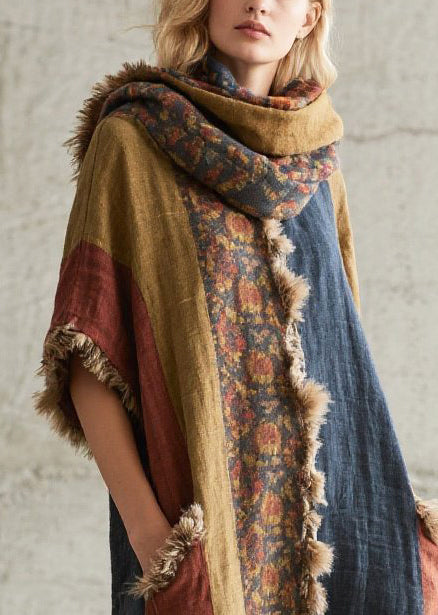 Women Colorblock Oversized Patchwork Faux Fur Maxi Dresses Half Sleeve