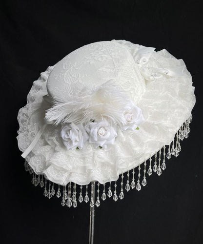 Original White Rose Pearl Tassel Lace Feather Cloche Hat