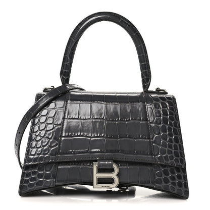 Shiny Calfskin Crocodile Embossed Small Hourglass Top Handle Bag Dark Grey