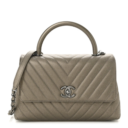 Metallic Caviar Chevron Quilted Small Coco Handle Flap Light Gold