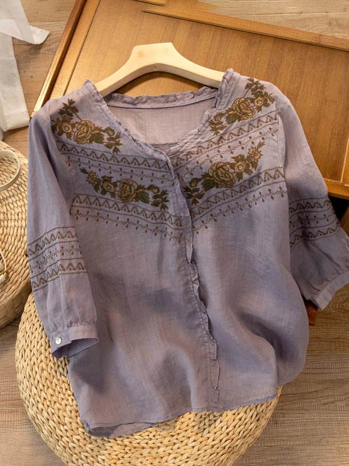 Embroidered Crew Neck 3/4 Sleeve Casual Linen Top