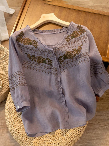 Embroidered Crew Neck 3/4 Sleeve Casual Linen Top