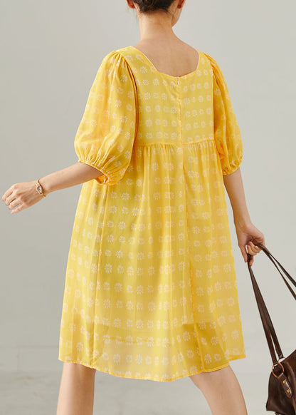 Bohemian Yellow Square Collar Print Cotton Tea Dress Summer
