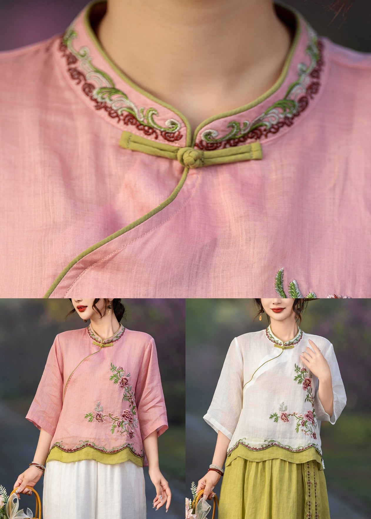 Elegant Pink Embroidered Button Linen Shirt Bracelet Sleeve