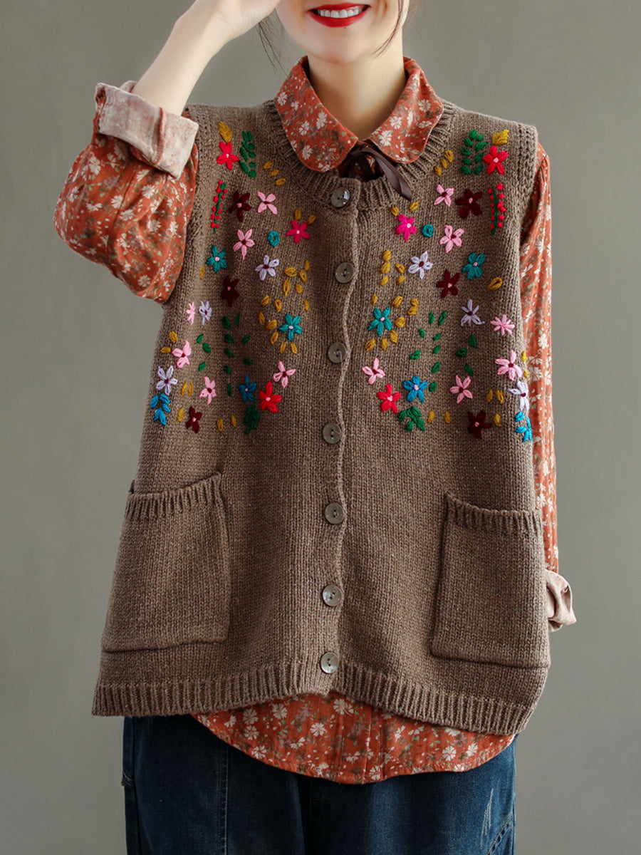 Women Embroidery Cotton Baggy Cardigan Vest