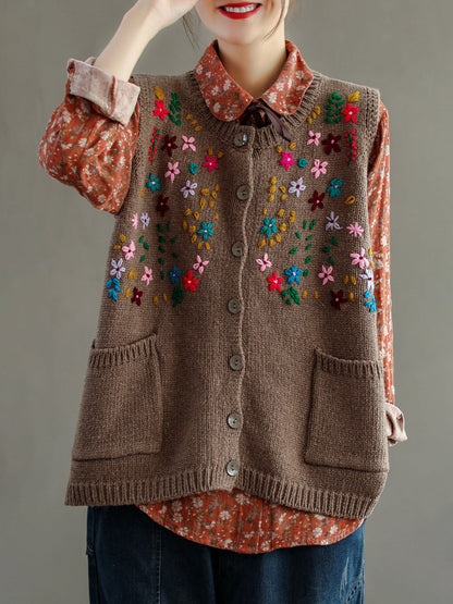 Women Embroidery Cotton Baggy Cardigan Vest