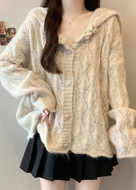 Beige Floral Button Cozy Knit Cardigan Tops Hollow Out