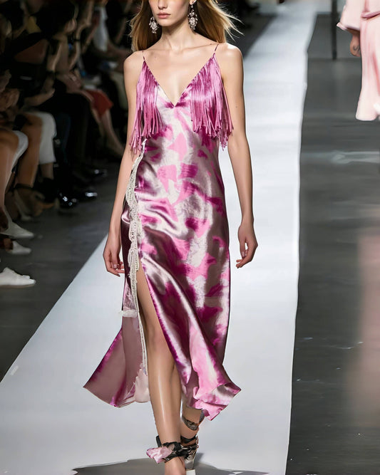 DIY Rose Tasseled Tie Dye Silk Mini Dress Summer