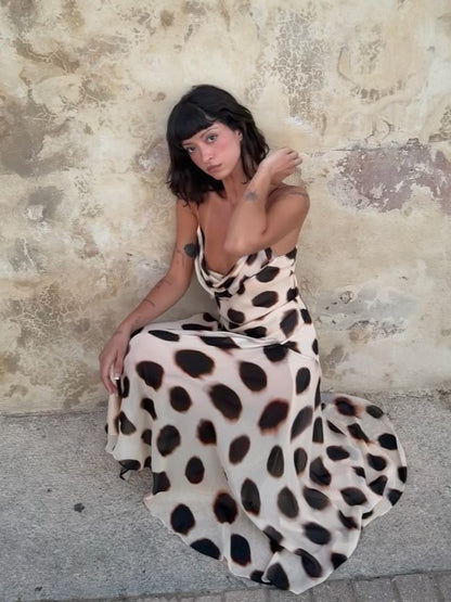 Draped Cowl Neck Polka Dot Print Slit Chiffon Slip Dress
