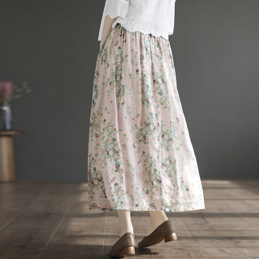 Cozy Retro Linen Floral A-Line Patchwork Skirt