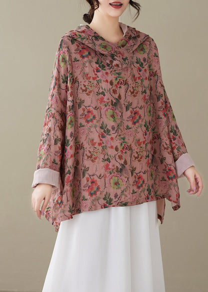 Plus Size Red Hooded Print Cotton Top Spring