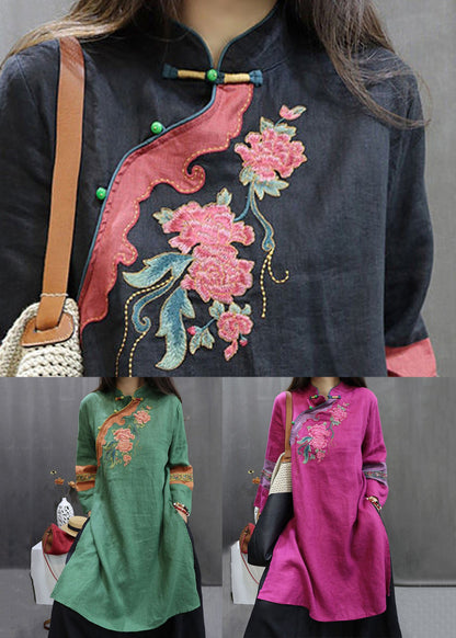 Green Chinese Button Linen Fall Shirt Embroidered