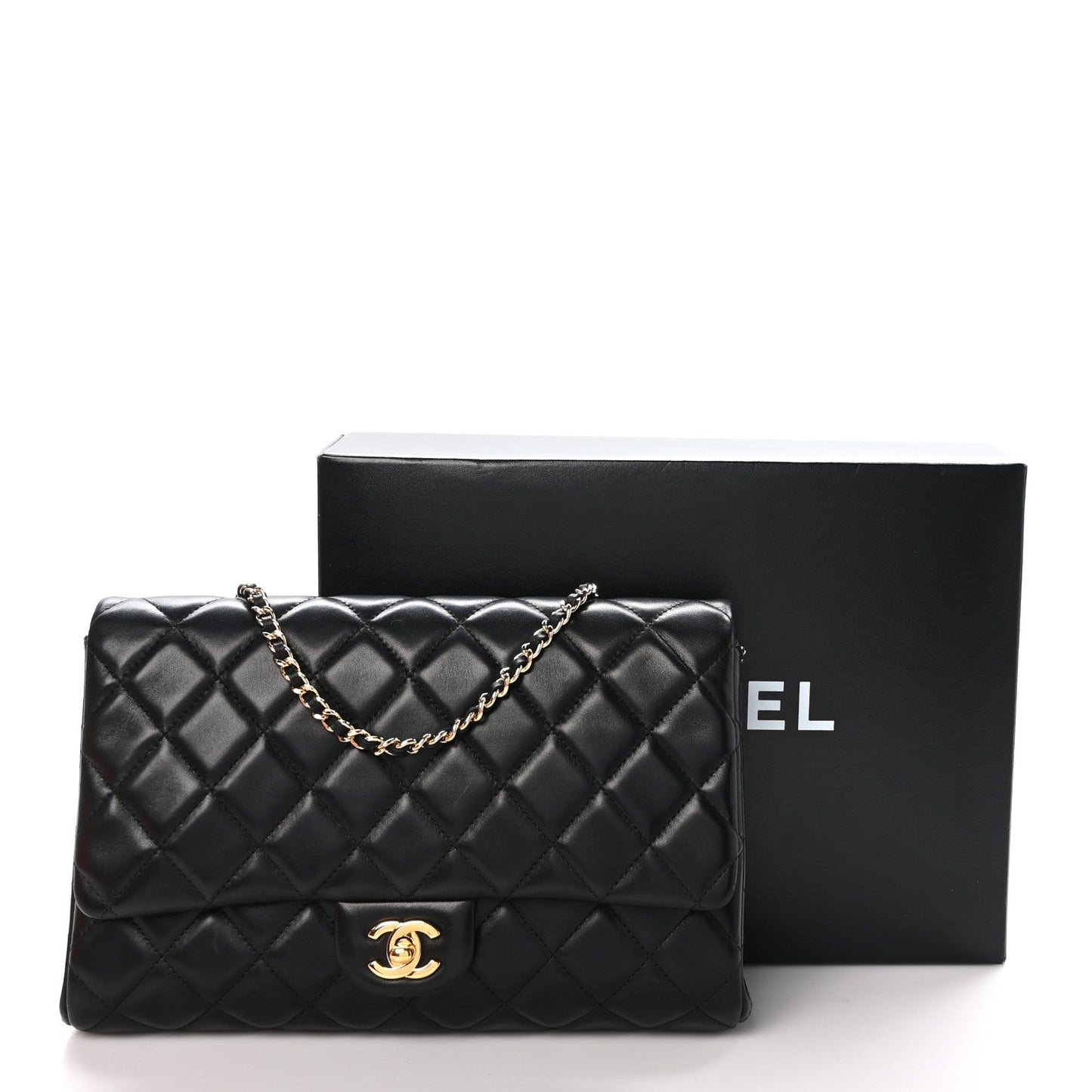 Lambskin Quilted Clutch With Chain Flap Black