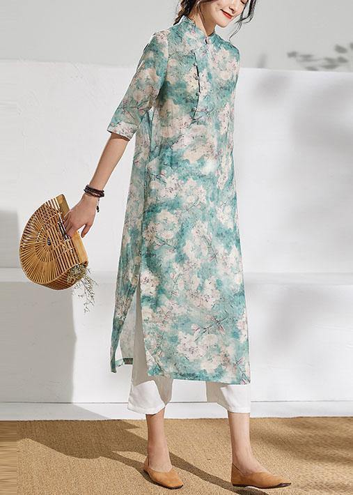 Classy stand collar half sleeve linen summer dresses Outfits green print Dress