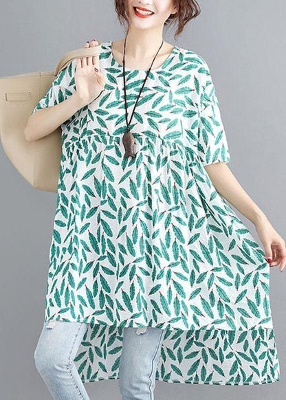 Handmade o neck asymmetric cotton linen dresses green print Dresses summer