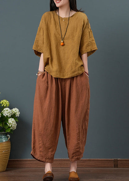 Vintage Yellow Oversized Linen Two Pieces Set Summer