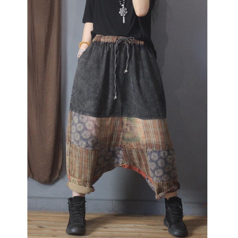 Stitching Pocket Drawstring Denim Low Drop Crotch Baggy Pants