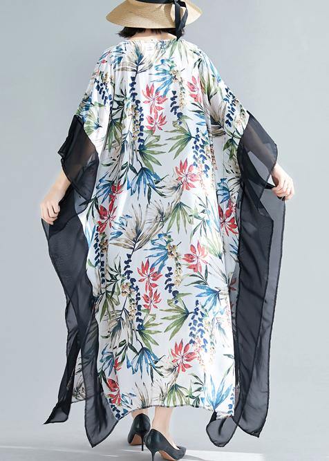 Flowy v neck patchwork chiffon outfit Plus Size Online Shopping white print Kaftan Dresses Summer