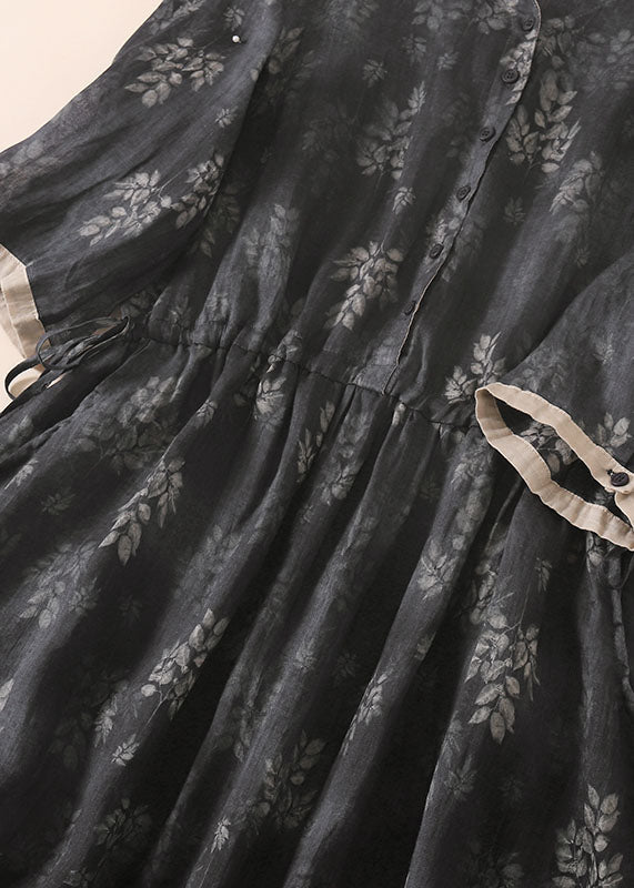 Vintage Black Grey Peter Pan Collar Drawstring Print Linen Holiday Dress Half Sleeve