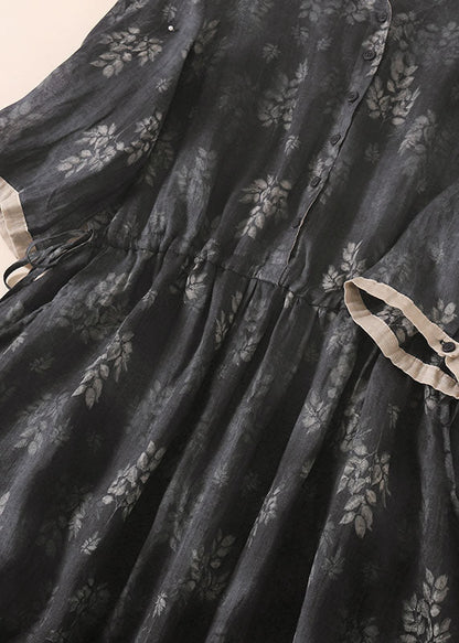 Vintage Black Grey Peter Pan Collar Drawstring Print Linen Holiday Dress Half Sleeve