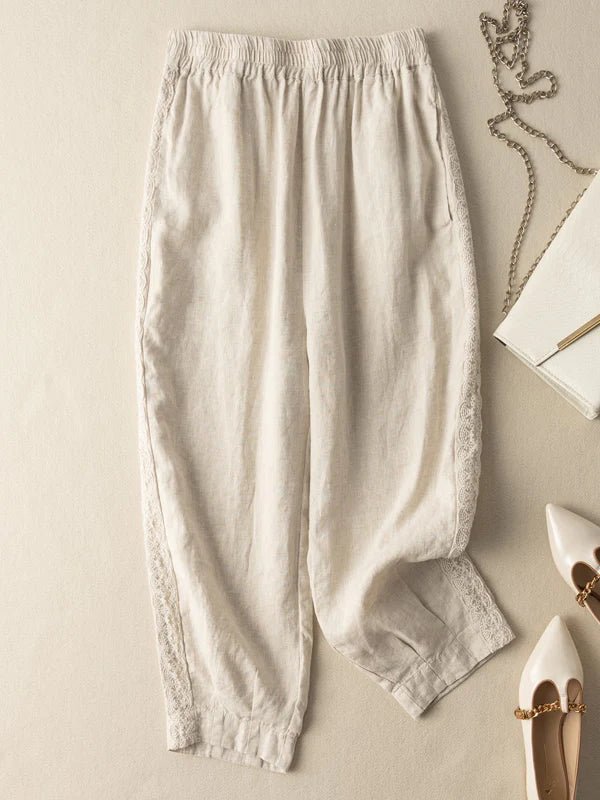 Pure Color Lace Stitching Casual Linen Harem Pants With Pockets