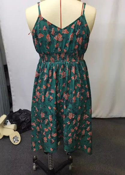 Vintage Green Print Low High Design Spaghetti Strap Mid Dress Summer