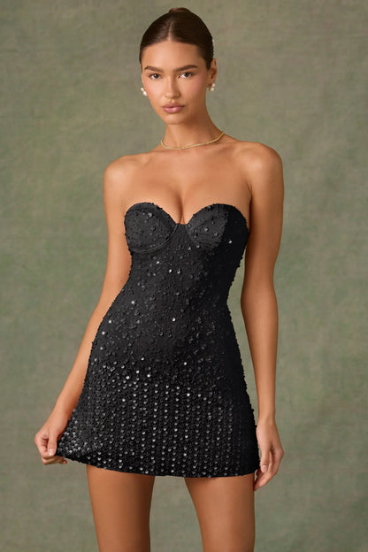 Embellished Sweetheart-Neck A-Line Mini Dress In Black