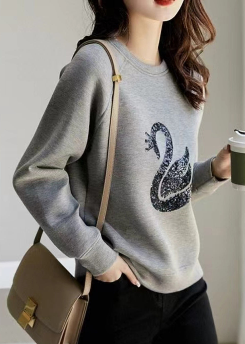 Women Grey O Neck Sequins Cotton Sweatshirt Spring