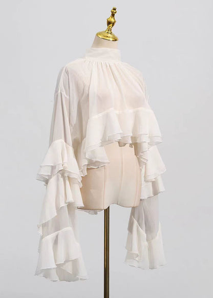 Women Beige Hign Neck Ruffled Patchwork Tulle Top Flare Sleeve