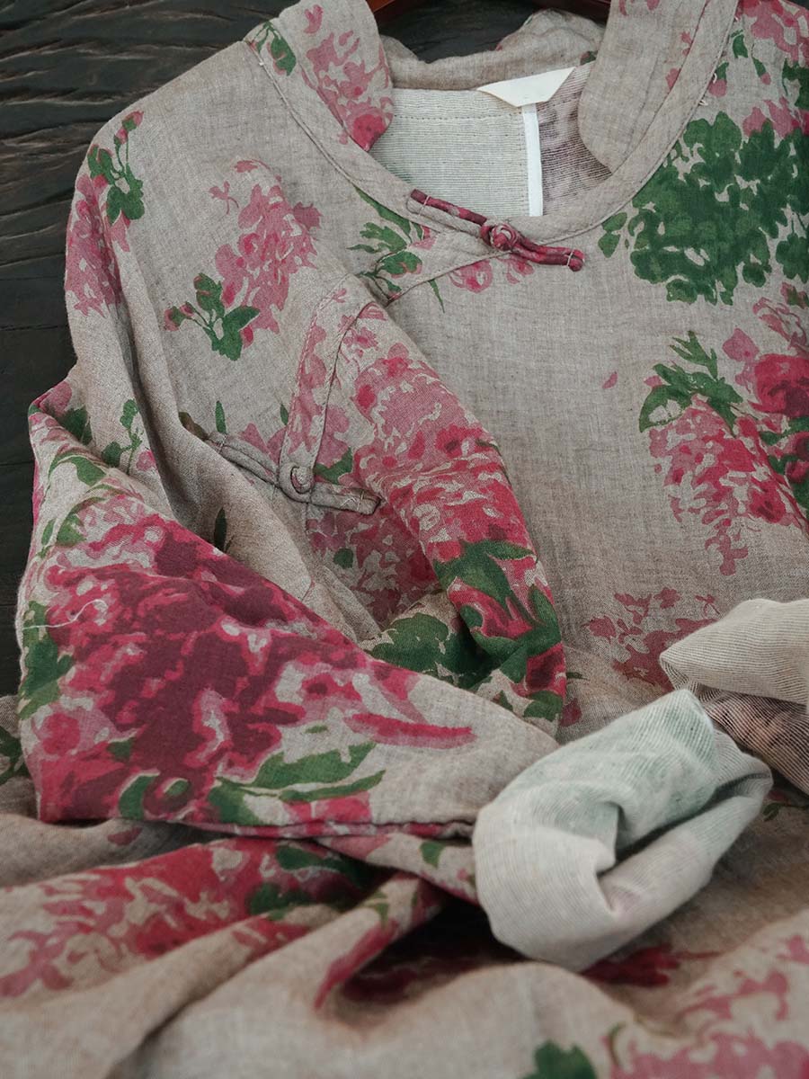 Women Vintage Floral Print Cotton Linen Loose Dress