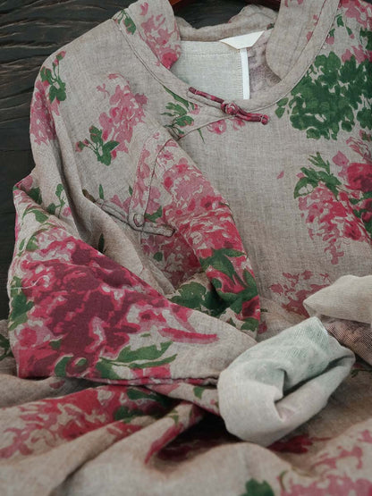 Women Vintage Floral Print Cotton Linen Loose Dress