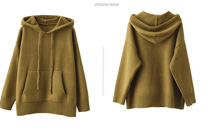 Thick Twist Drawstring Hooded Knit Sweater