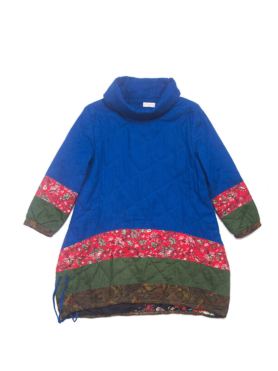 Women Winter Ethnic Patchwork Pocket Pullover Loose Coat