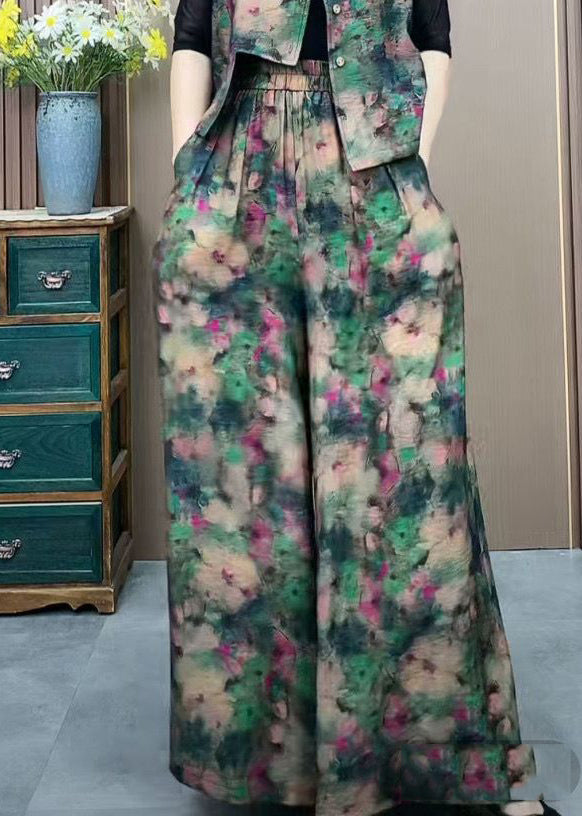 Plus Size Green Elastic Waist Print Ice Silk Wide Leg Pants