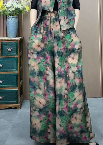Plus Size Green Elastic Waist Print Ice Silk Wide Leg Pants
