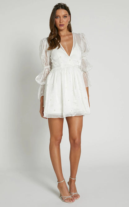 Solanna Mini Dress - Long Puff Sleeve V Neck Dress In White