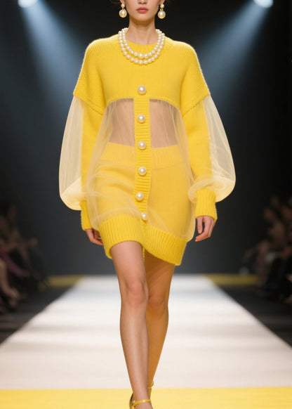 French Yellow O Neck Tulle Patchwork Knit Dress Fall