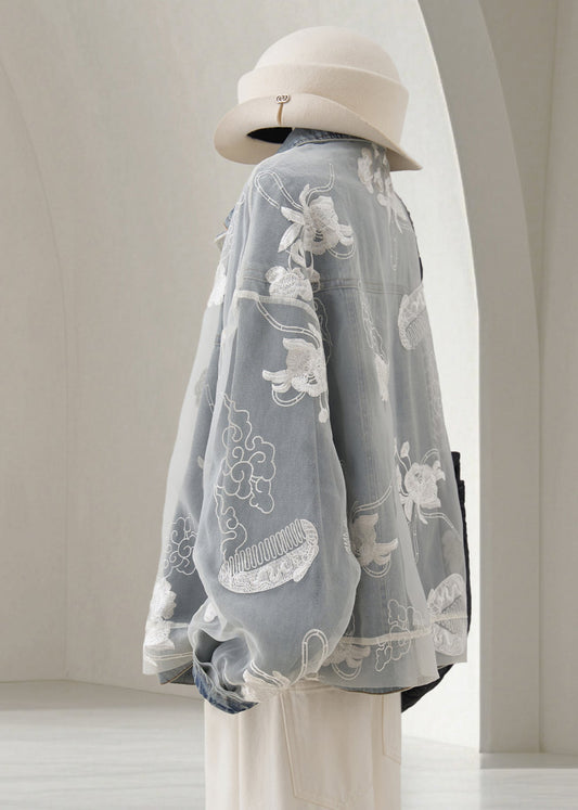 Loose Light Blue Embroidered Patchwork Denim Coats Fall