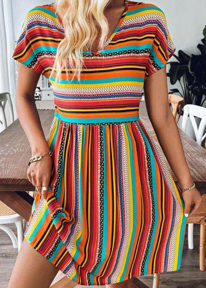 Bohemian Blue V Neck Striped Cotton Mid Dress Summer