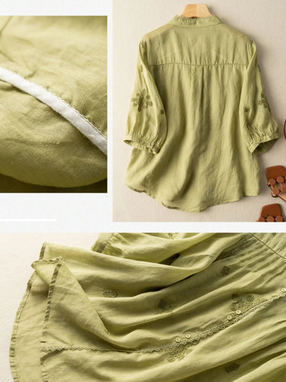 Embroidered V Neck 3/4 Sleeve Casual Linen Shirt Top