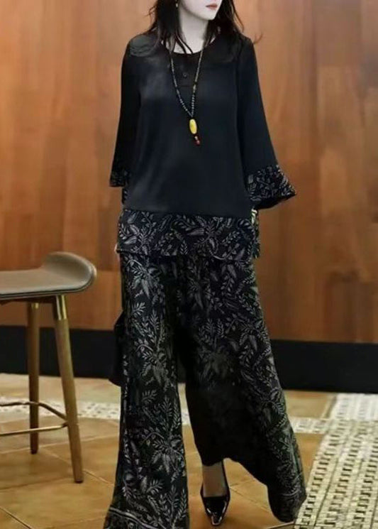 French Black O Neck Print Patchwork Silk Two-Piece Set Fall