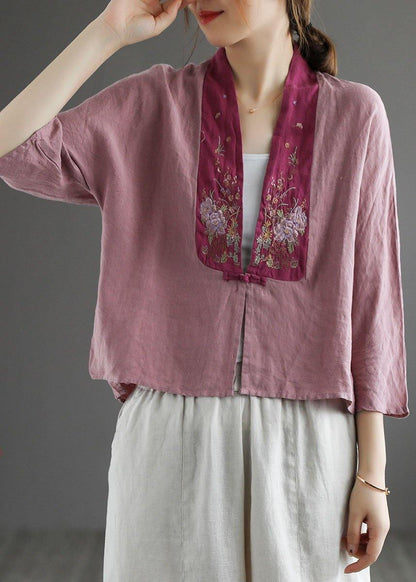 Fashion Purple Retro Embroideried Patchwork Summer Linen Blouse